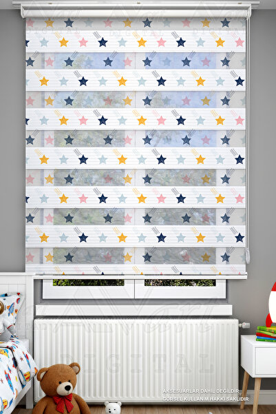 Avart Digital Çocuk Odası İçin Renkli Yıldızlar Desenli Zebra Perde - Dijital...