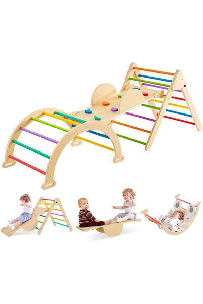 KidLe مجموعة تسلق خشبية مونتيسوري 7 في 1 - صالة ألعاب للأطفال داخلية وخارجية ...