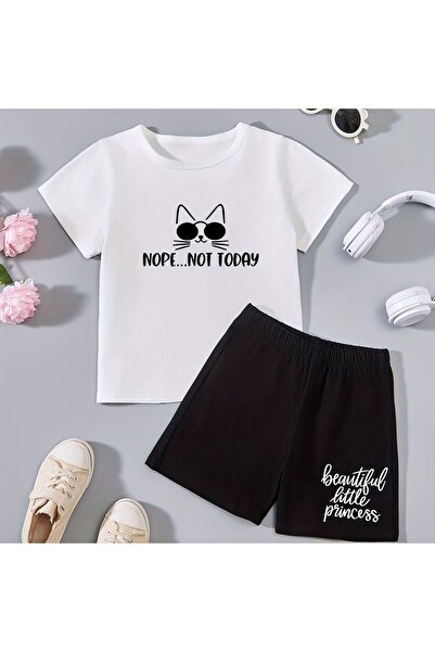 Kids Καλοκαιρινό σετ για αγόρια με γάτα με γυαλιά και μαύρο σορτς, λευκό μπλο...