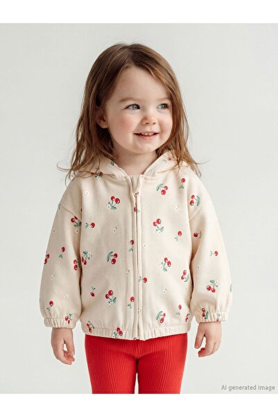LC Waikiki Lcw Baby Hooded Cherry Printed Baby Girl Zippered Sweatshirt