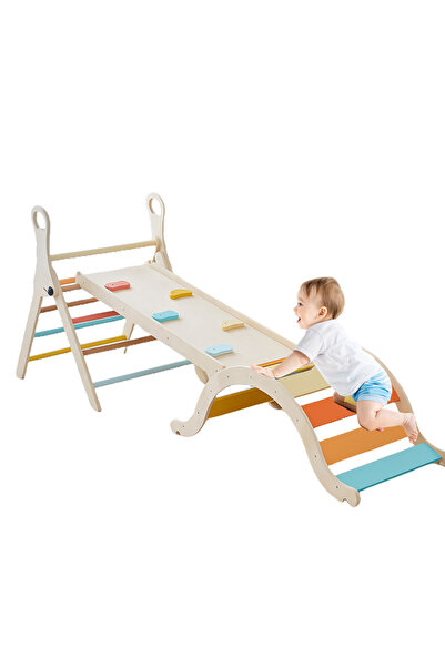 KidLe 5-in-1 Pastel Pikler Triangle Set - Foldable Wooden Climbing Gym for To...