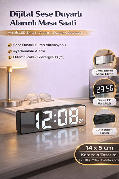 Hane Dostu Dijital Sese Duyarlı Alarmlı Masa Saati – Aynalı LED Ekranlı, Sıca...