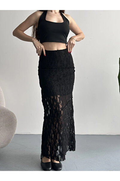 Perry Boutique Women's Black Lined Lace Detail Long Asymmetrical Skirt