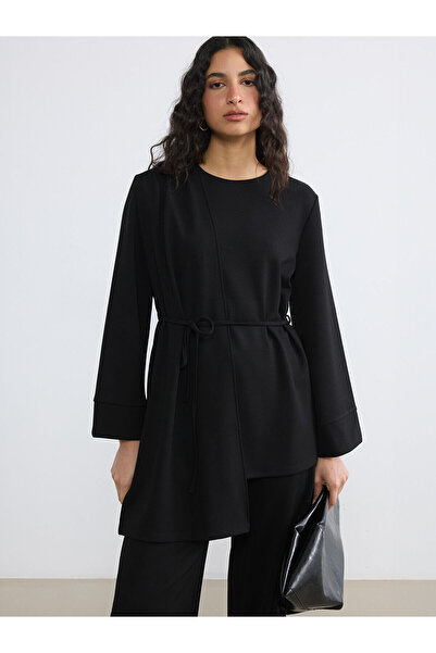 LC Waikiki Nevavm Farkıyla Lcw Modest Black Oval Neck Belted Gathered Blouse ...