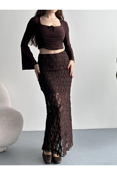 Perry Boutique Women's Brown Lined Lace Detail Long Asymmetrical Skirt