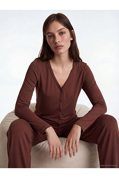 LC Waikiki Συλλογή Elsiva Καφέ Γυναικεία Πιτζάμα με λαιμόκοψη V