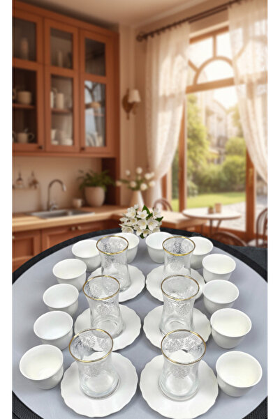 AR HOME 24 Pcs Tea Coffe Glass & Porcelain Set