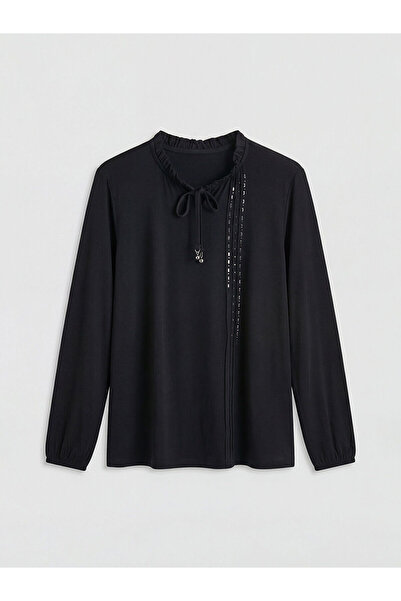 LC Waikiki Μαύρη μπλούζα με βολάν Με δέσιμο και πέτρες στο λαιμό