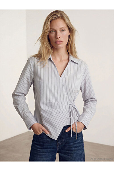 LC Waikiki M&B Collection Gri Kruvaze Yaka Çizgili Kadın Gömlek