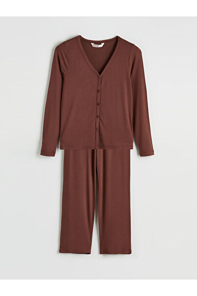 LC Waikiki Giyçık Store Brown V-Neck Women's Pajama Set