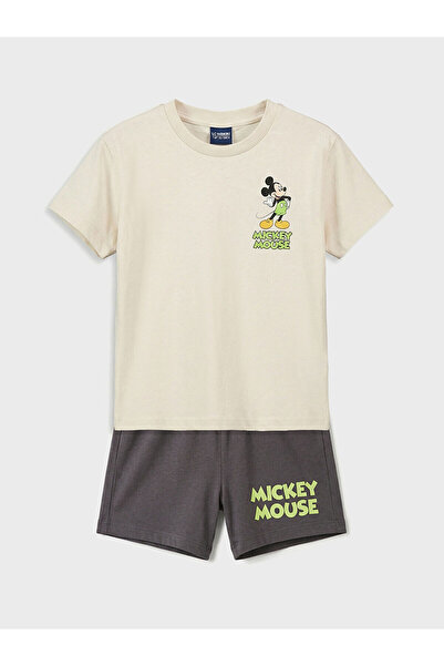 LC Waikiki M&B Collection Ekru Mickey Mouse Printed Baby Boy T-Shirt and Shorts