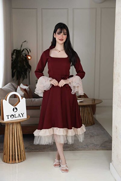 tolay Women's midi Barbie evening dress, burgundy color