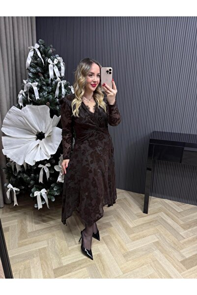 Byelifdursun Scarlet Vatkalı Dantel Detaylı Tasarım Elbise Kahve