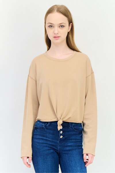 aerie Women Round Neck Plain Long Sleeves Cropped Top, Dark Beige