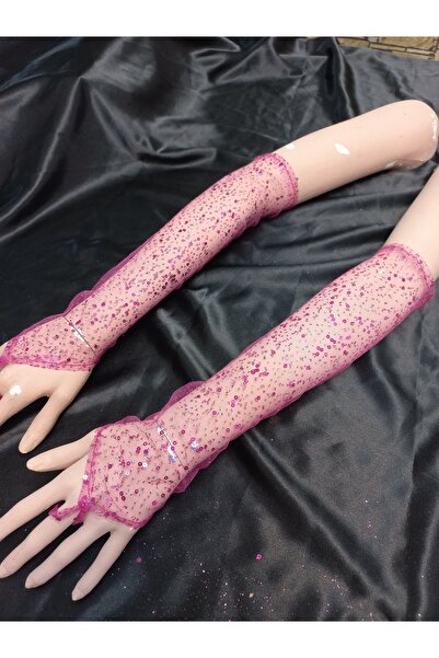 Qrsln قفازات فيسبيرا اللامعة المزينة بالترتر باللون الفوشيا