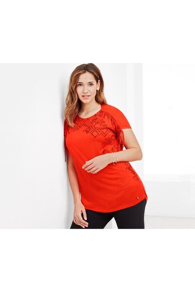 Tchibo Women Round Neck Printed Short Sleeve Blouse, Orange