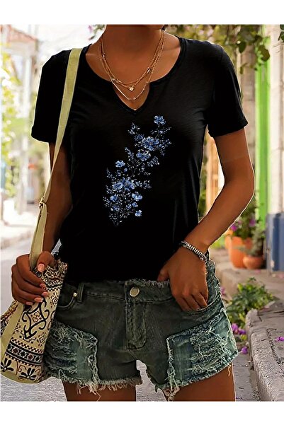 Deocept Half V-Neck Sleeves Blue Floral Printed Relaxed Cut T-Shirt