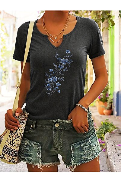 Deocept Rukavi sa polovinom V-izreza Plavi cvet Štampano Udobno kroj T-shirt