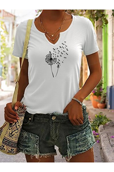 Deocept Polu V-izrez rukava sa perjem Štampano Udobno kroj T-shirt