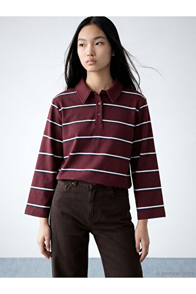 LC Waikiki Özmarka New Season Polo Neck Striped Oversized Women's T-Shirt