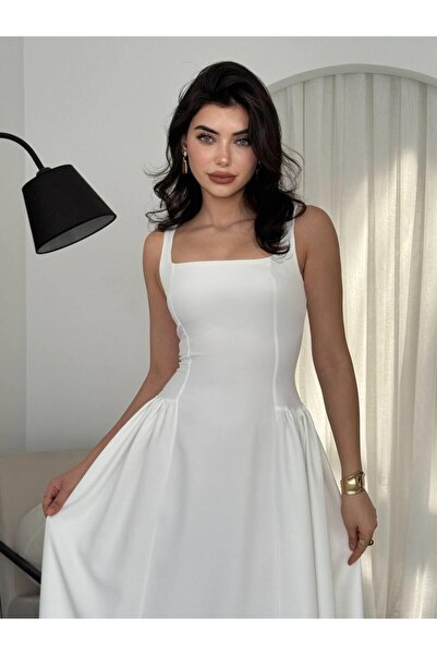 Monapera Askılı Kare Yaka Heldi Piliseli Midi Atlas Elbise