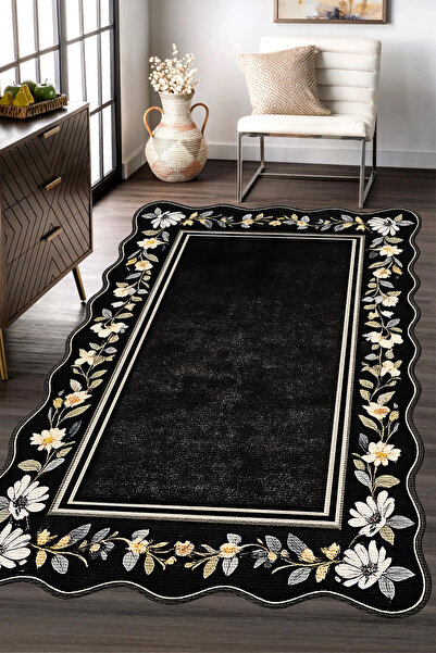 GECE MODA ÇİÇEK DESENLİ DİJİTAL BASKILI SİYAH Kaymaz Taban Yıkanabilir Mutfak...