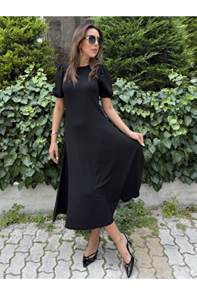 MODA ZERAFİNA Women's short bubble sleeve crew neck wide cut janjan crepe dress