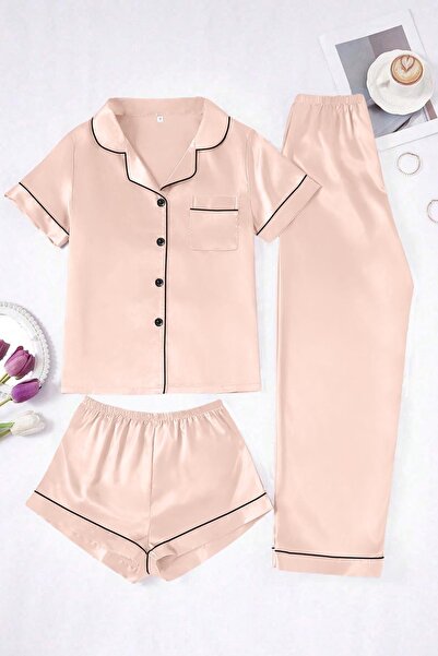 Sweet Dream 3 in 1 Pajama Set for Women Soft Silk Satin Sleepwear