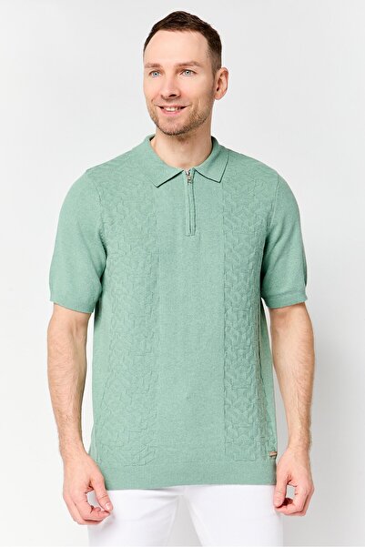 Threadbare Men Regular Fit Knitted Short Sleeve Polo Shirt, Sage Green