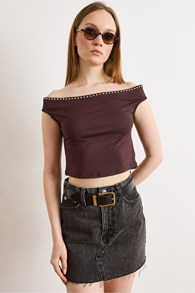 Olalook Women's Brown Staple Detailed Madonna Soft Textured Crop Blouse Blz-1...