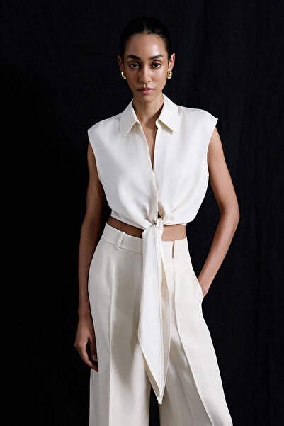 rue Bağlamalı Keten Karışımlı Ekru Yelek