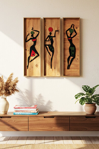 MiniVagon Afrikalı Kadınlar 3'lü Ahşap Tablo Seti Etnik Bohem Modern Salon Du...