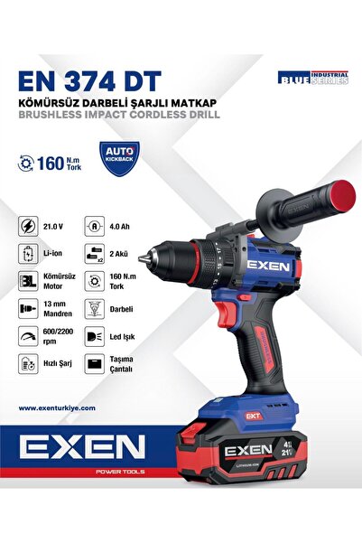 EXEN EN 374 DT - 21V 4Ah 160N.m Kömürsüz Darbeli Şarjlı Matkap - Çift Akü 2x4 Ah