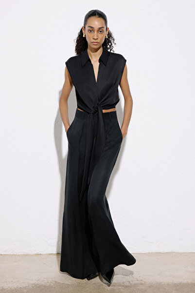 rue Bağlamalı Keten Karışımlı Siyah Yelek