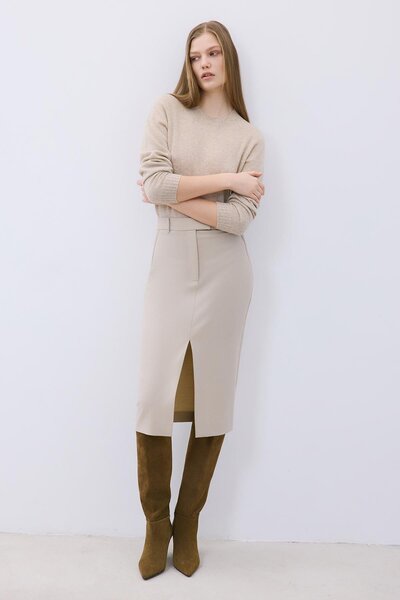 rue Yırtmaç Detaylı Yün Dokulu Bej Midi Etek