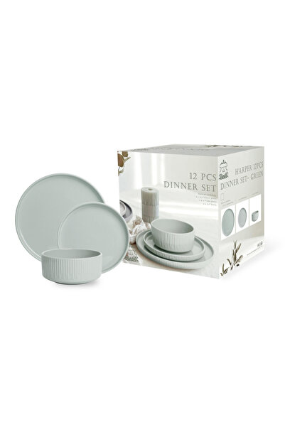 Shallow By Styli Shallow Stoneware HARPER 12-Pc Dinner Set-Elegant Green Croc...