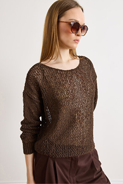 Olalook Women's Brown Openwork Cotton Content Boho Knitwear Blouse Blz-19003238