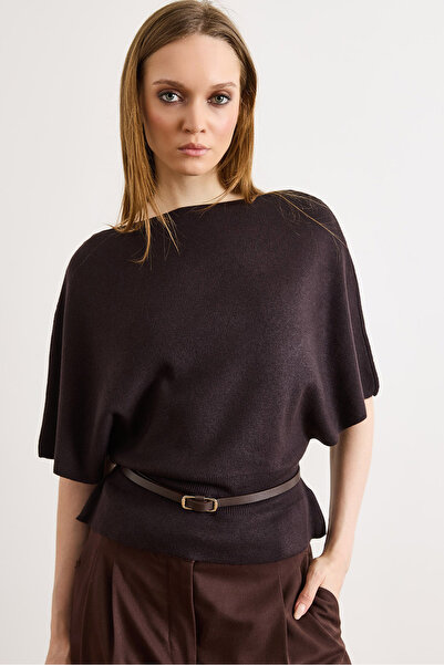 Olalook Women's Brown Belt Detailed Batwing Knitwear Blouse Blz-19003236
