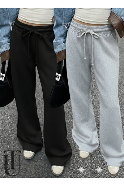 LAUSRA 2-Piece Sweatpants for Women - Black & Gray High Waist Pockets Relaxed...