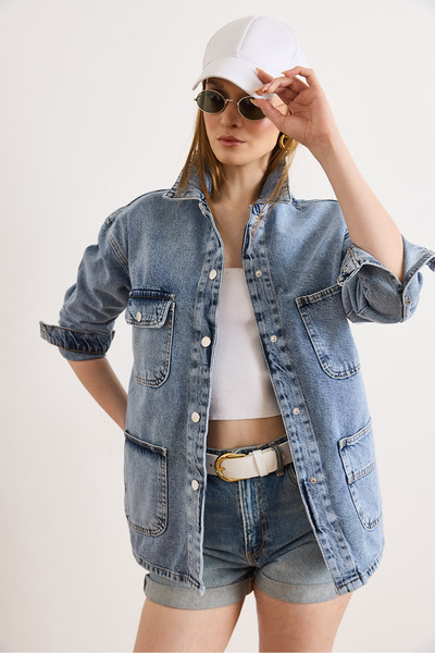 Olalook Women's Light Blue 4-Pocket Buckle Denim Jacket Ckt-19000510