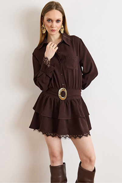 Olalook Women's Brown Belted Lace Detailed Mini Shirt Dress Elb-19002593