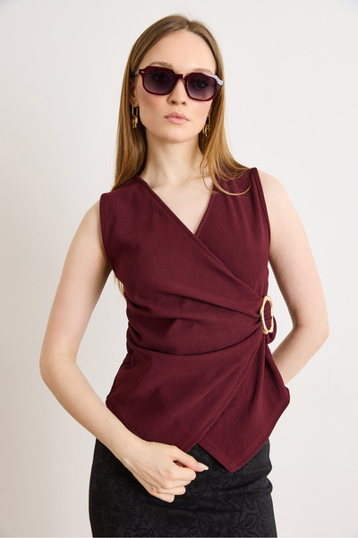 Olalook Women's Burgundy Accessory Detailed Double-Breasted Corded Blouse Blz...