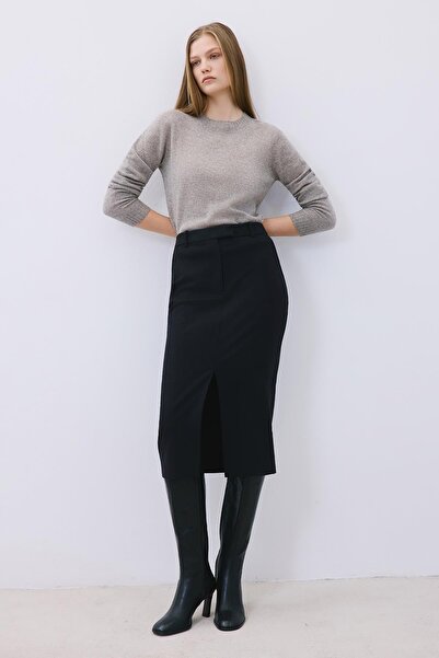 rue Yırtmaç Detaylı Yün Dokulu Siyah Midi Etek