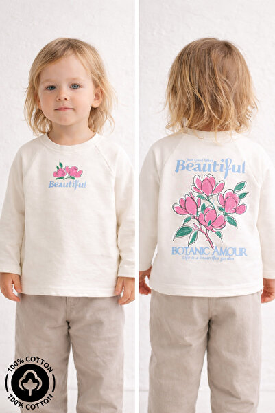 Miniel Kız Beautiful Garden Baskılı %100 Pamuklu Oversize Uzun Kollu T-shirt ...