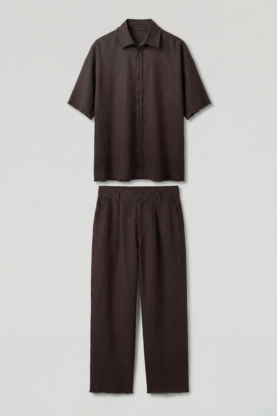 ablukaonline Men's Oversize Cotton Shirt and Trousers Two-Piece Set Brown