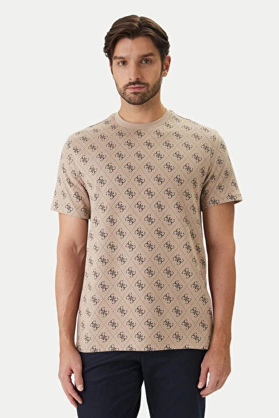 Guess Κοντό μανίκι με λαιμόκοψη Ζακάρ 4G πλεκτό ανδρικό μπεζ μπλουζάκι M6GP34...