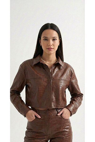 TRİNİTY Women's Crocodile Patterned Leather Look Brown Set