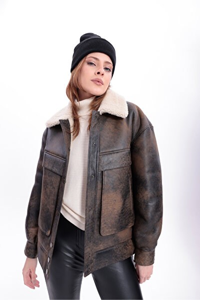 By Marki Marki Kadın Hakiki Deri Ceket, içi Kürklü, 58 cm, Oversize, Sportif ...