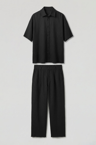 ablukaonline Men's Oversize Cotton Shirt Pants Two-Piece Set Black