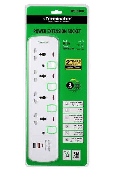 Terminatör Terminator Brand Universal Power Extension Socket with 3USB (A & C Type) 4way-3m